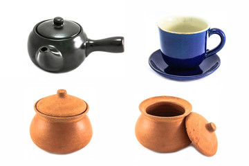 Ceramic kettle,Clay pots on white background