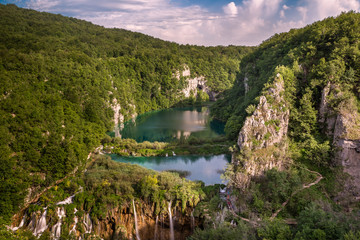 Fototapeta na wymiar Aerial View on Waterfalls in Plitvice National Park, Donja Jezer
