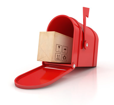 red mailbox with cardboard box. Delivery concept