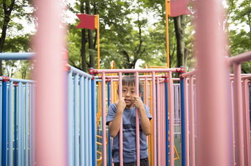 Boy playing on playground equipment in the park