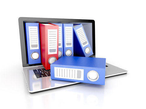 files in database - laptop with ring binders. 3d illustration
