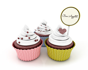 Cupcakes with gift card. 3d illustration
