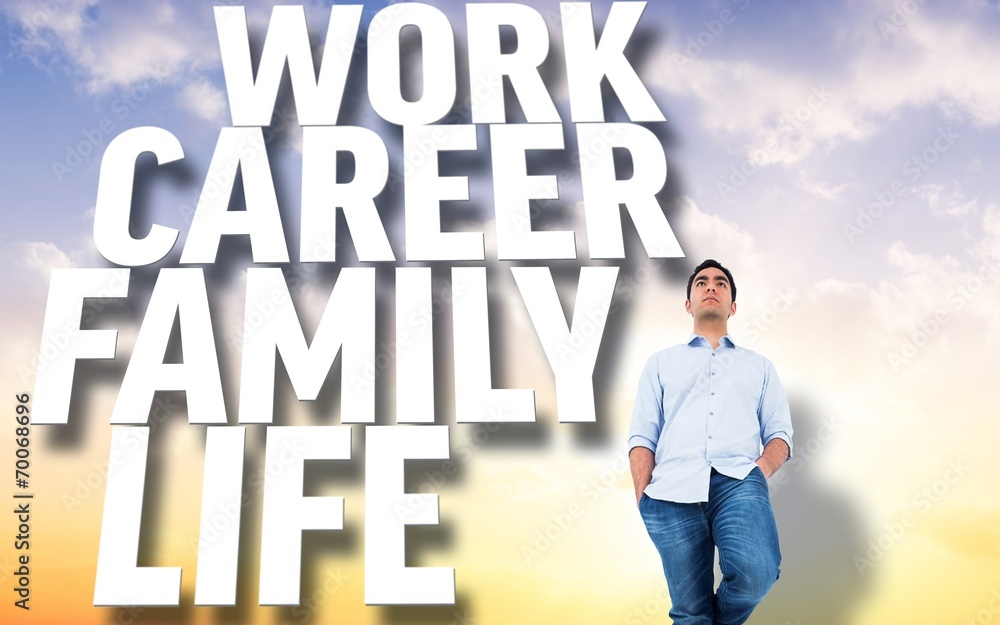 Poster Composite image of unsmiling casual man standing