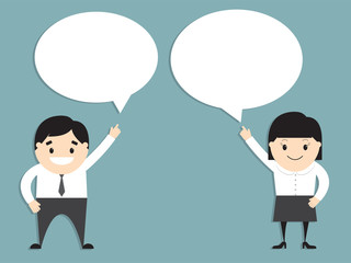 Businessman and businesswoman with speech bubbles