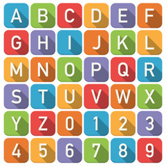 Clipart set of square vector bright color alphabet icons isolated on white