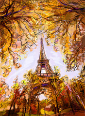 Street in paris. Eiffel tower -  illustration