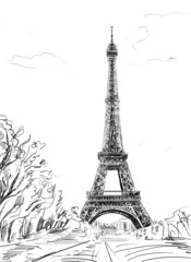 Fototapeta premium Street in paris. Eiffel tower -sketch illustration