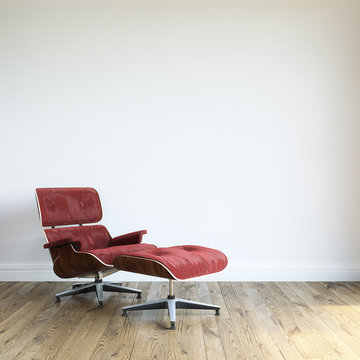 Modern Red Velvet Armchair With Ottoman In White Wall Interior