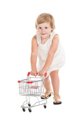 Small Girl Walking With Shopping Cart