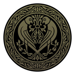 Gold round pattern with birds of prey.  Vector illustration