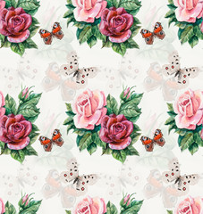 Seamless pattern of roses. Flowers and butterflies