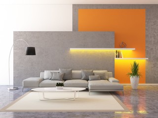 Living room interior with orange wall. Catalog interior