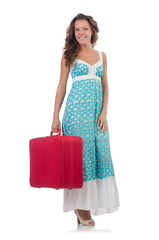 Woman traveller with suitcase isolated on white