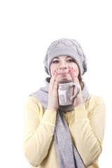 girl holding a Christmas mug with hot coffee on white background