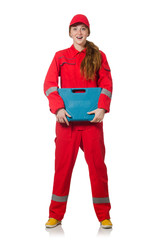 Woman construction worker in red coveralls on white