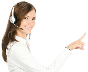 Phone operator pointing at something, isolated
