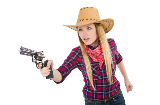 Cowgirl woman with gun isolated on white