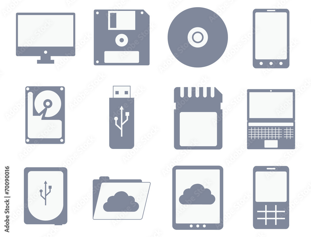 Poster vector icon set of different storage and computer devices