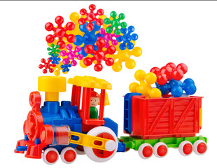 Colorful toy train with incredible steam
