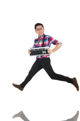 Computer nerd with keyboard isolated on white