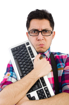Computer nerd with keyboard isolated on white