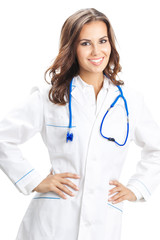 Happy smiling female doctor, over white