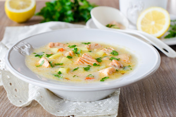 Cheese soup with salmon