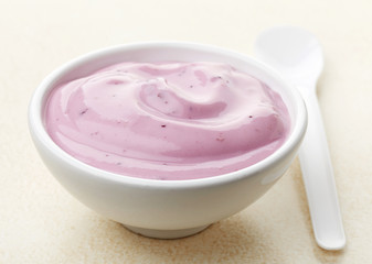 bowl of pink blueberry yogurt