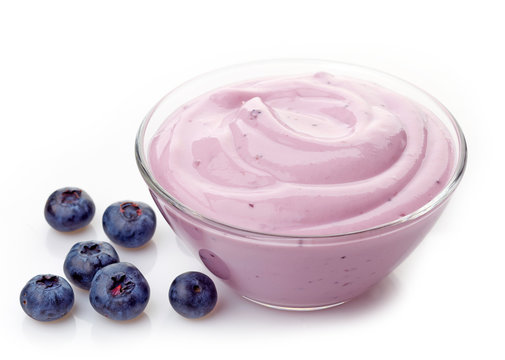 bowl of pink blueberry yogurt