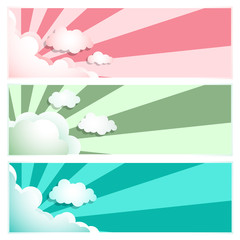 Sunray Sunburst Cloud Set Pink, Blue, Green, Vector illustration