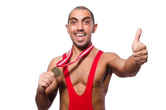 Wrestler in red dress isolated on the white background