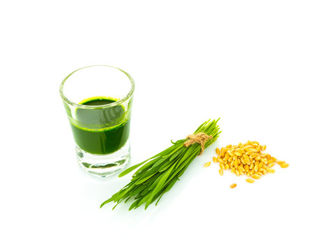 Shot glass of wheat grass with fresh cut wheat grass and wheat g