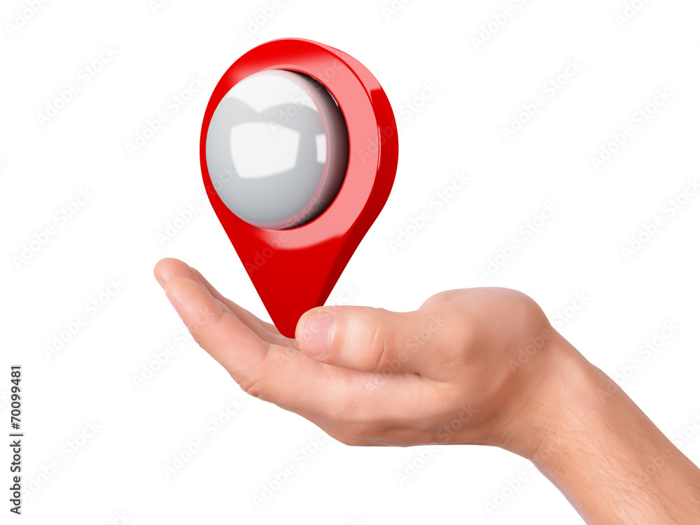 Poster map pointer in the hand on white background