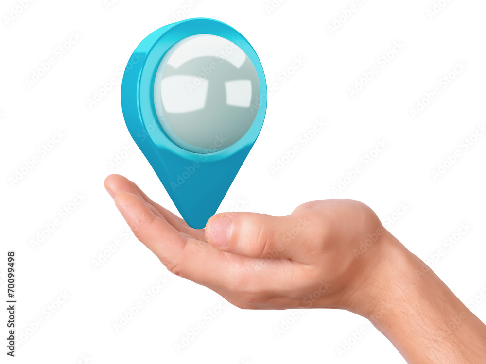 Aufkleber map pointer in the hand on white background