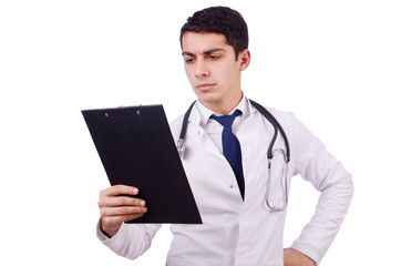 Young male doctor isolated on white
