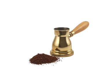 Turkish coffee pot jezve ibrik with coffee isolated on white