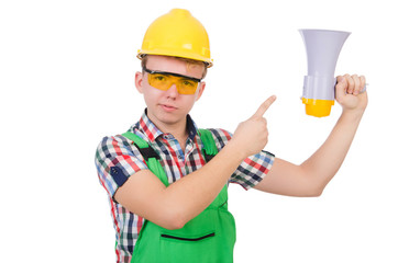 Funny construction worker with loudspeaker on white