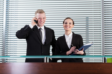 Smiling business people during their work