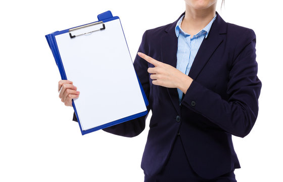 Businesswoman finger point to clipboard