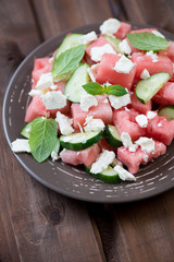 Watermelon, cucumber and feta cheese salad, studio shot