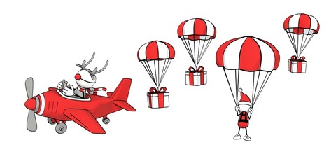little sketchy man - reindeer in plane + santa with parachute