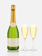 Champagne bottle and champagne glass on white