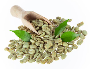 green coffee beans on white background