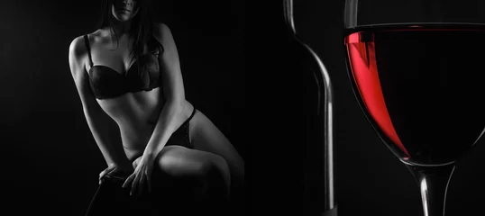 Fototapeten Schöne Silhouette eines weiblichen Körpers und ein Glas Rotwein © papa