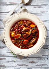 Beef goulash with mushrooms and vegetables