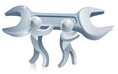 Two men holding spanner