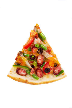 pizza slice with string faslolyu, olives, tomatoes, sweet