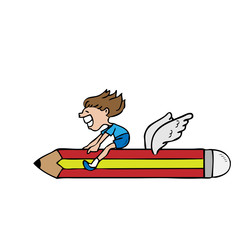 Boy rides flying pencil