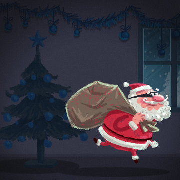 Cartoon Santa Claus thief is stealing a house at christmas