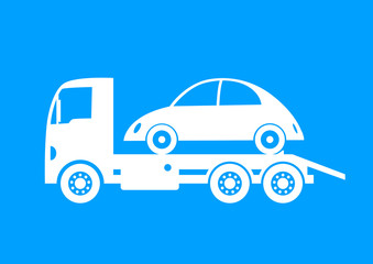 White tow truck and car on blue background